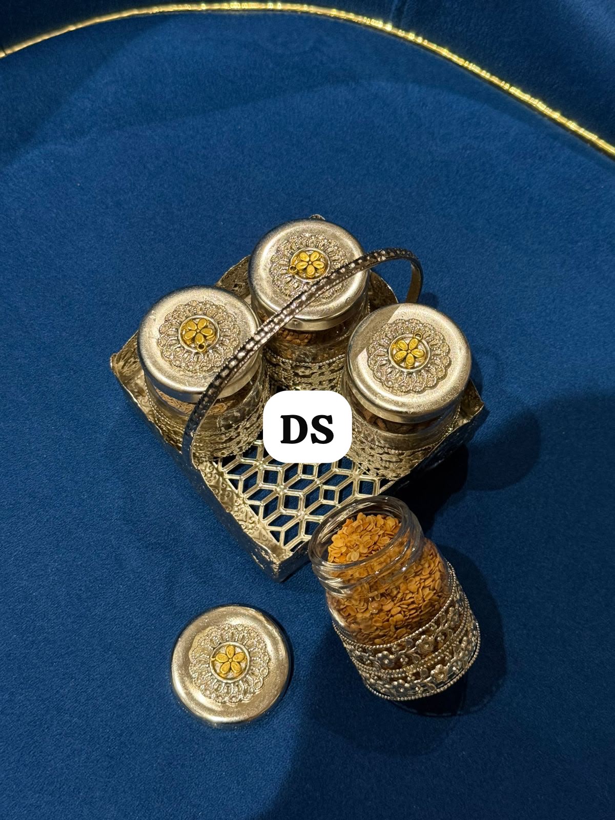 German Silver Mini Mukhwas Set with 4 Glass Bottles