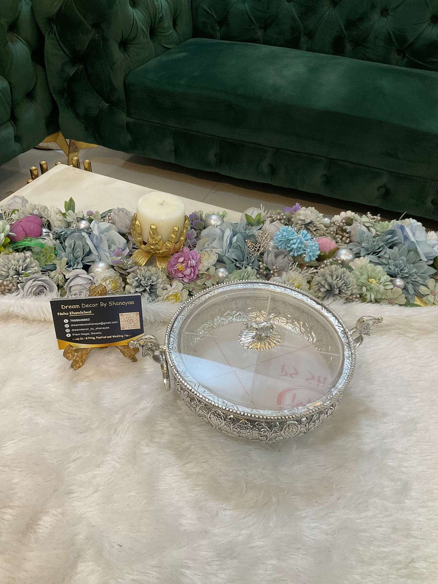 German Silver Hand-Engraved Urli / Dry Fruit Box with Acrylic Lid