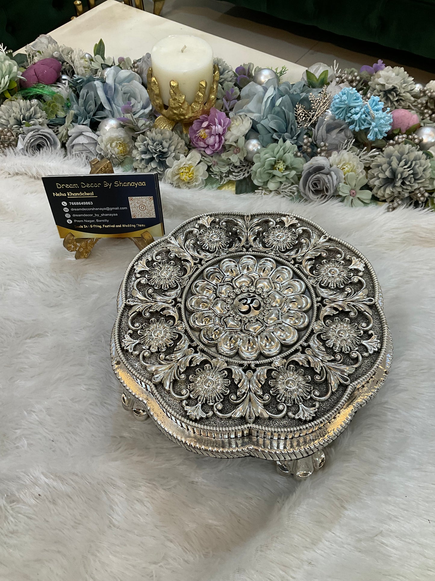 999 Silver Plated Round Chowki with OM Engraving