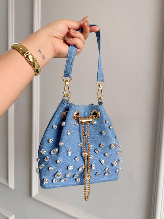 CRYSTAL DENIM BUCKET BAG