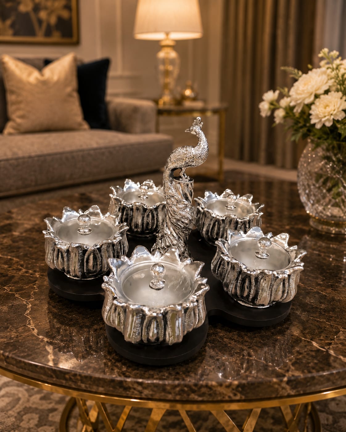 Real Silver Plated Revolving Lotus Dry Fruit Platter