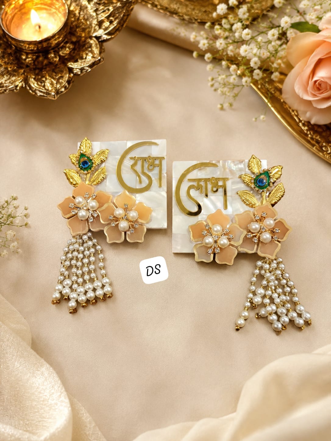 Mother of Pearl Shubh Labh with Resin Flower Décor