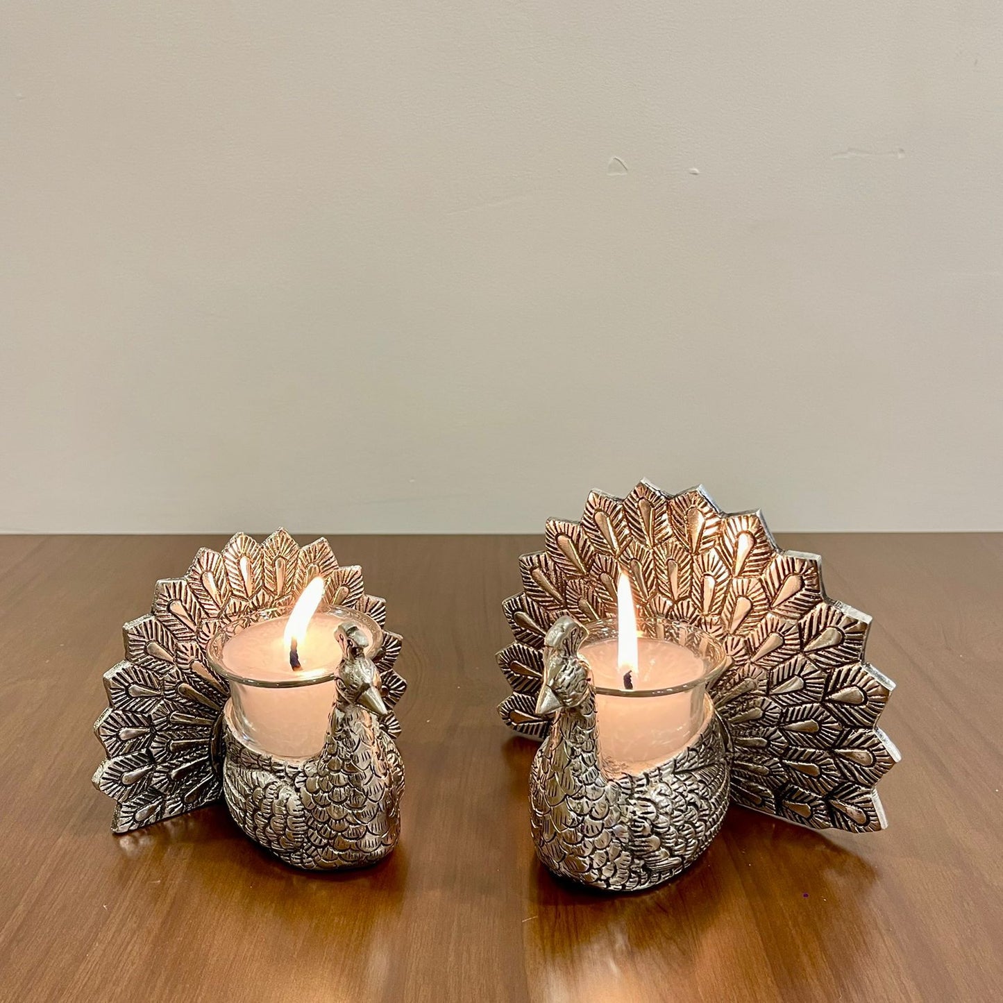 GS105 - Silver Plated Peacock with Glass Tealight Candle Holder