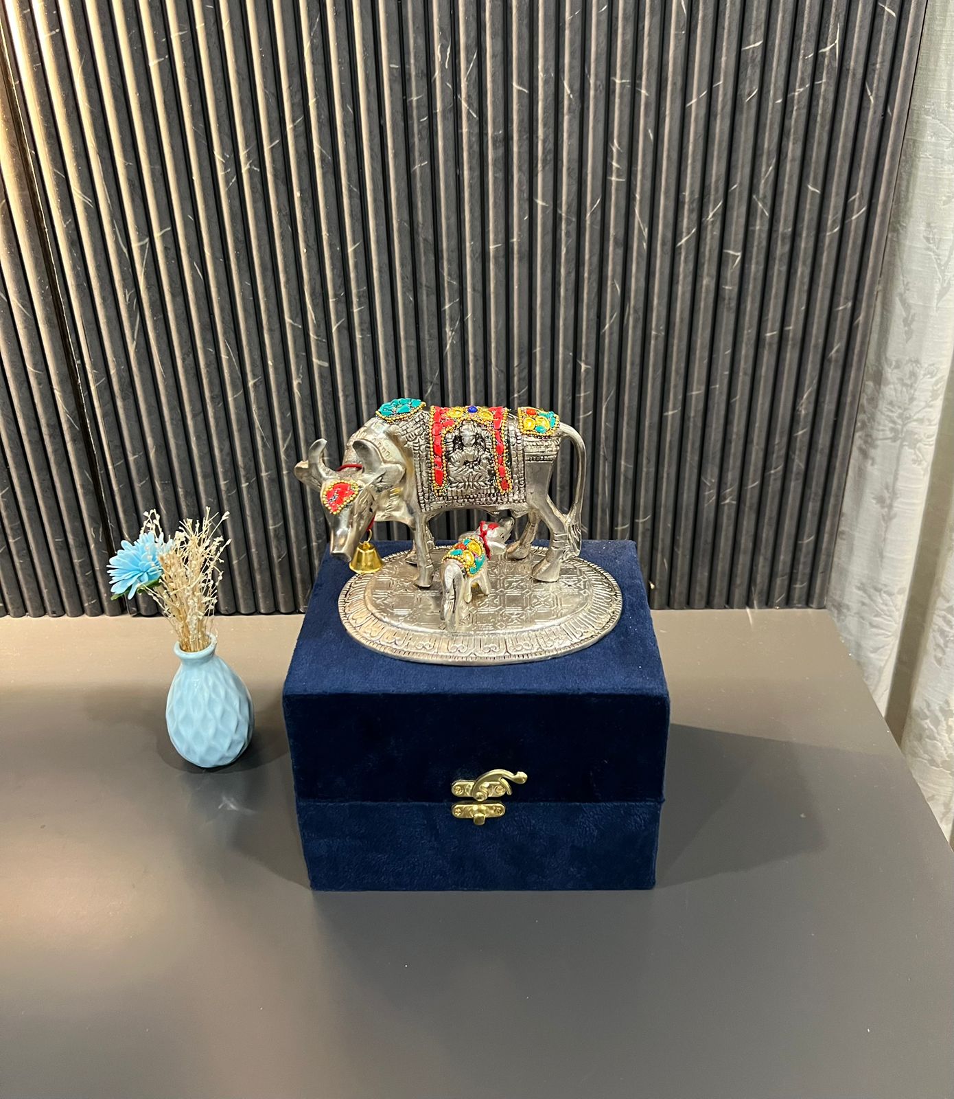 German Silver Kamdhenu Cow with Lakshmi Ganesh Carving