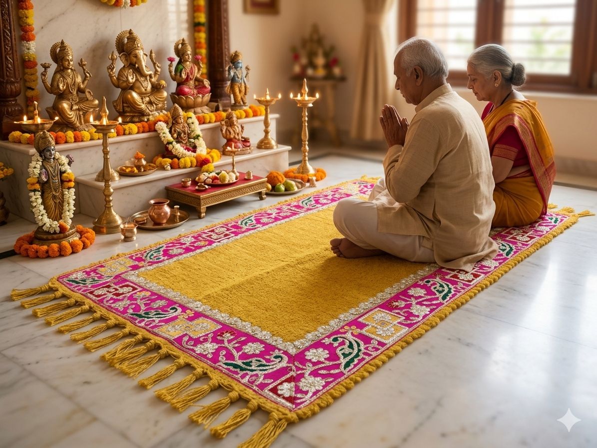 Premium Puja Asan & Runner Set with Heavy Embroidered Lace
