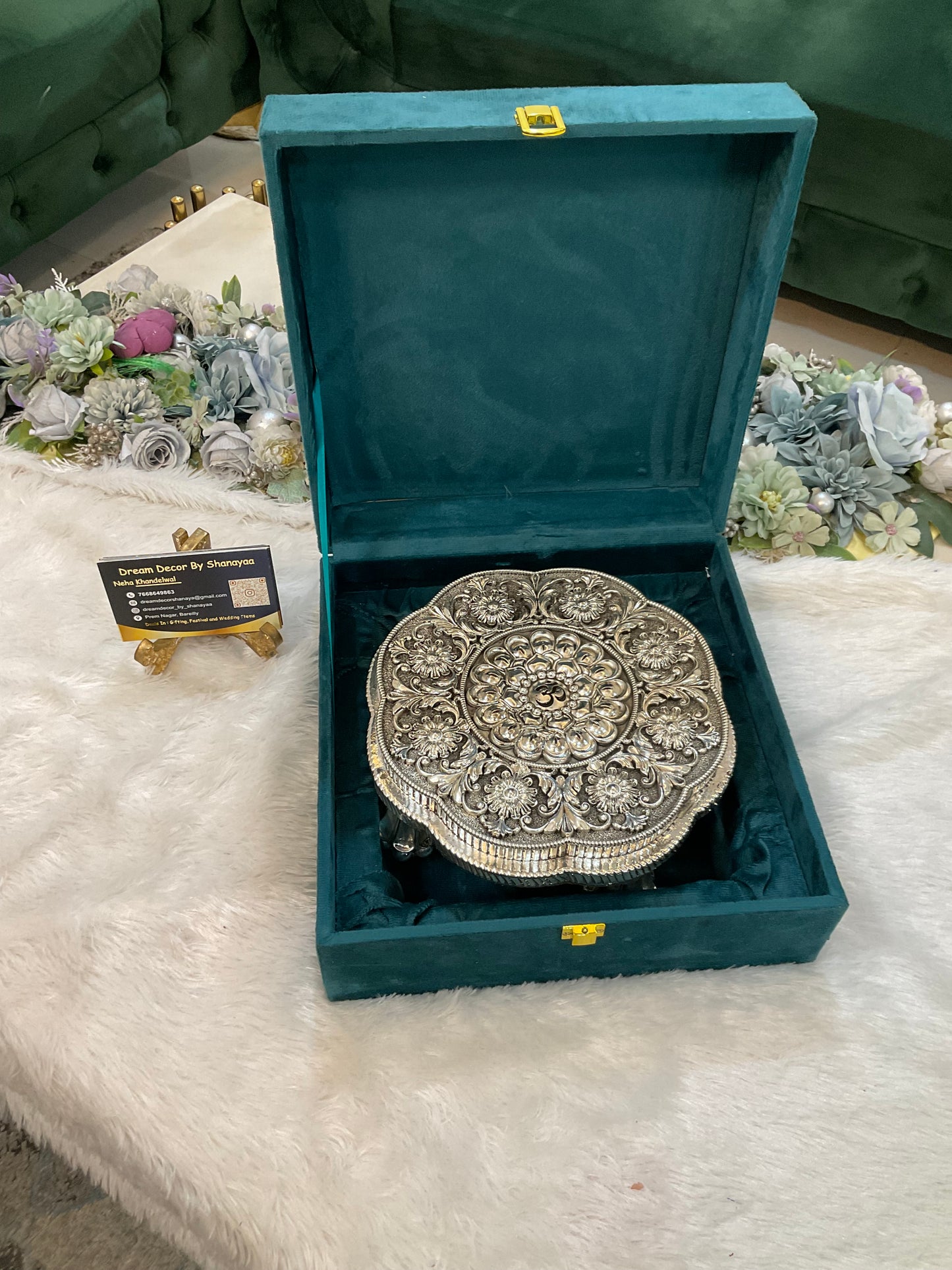 999 Silver Plated Round Chowki with OM Engraving