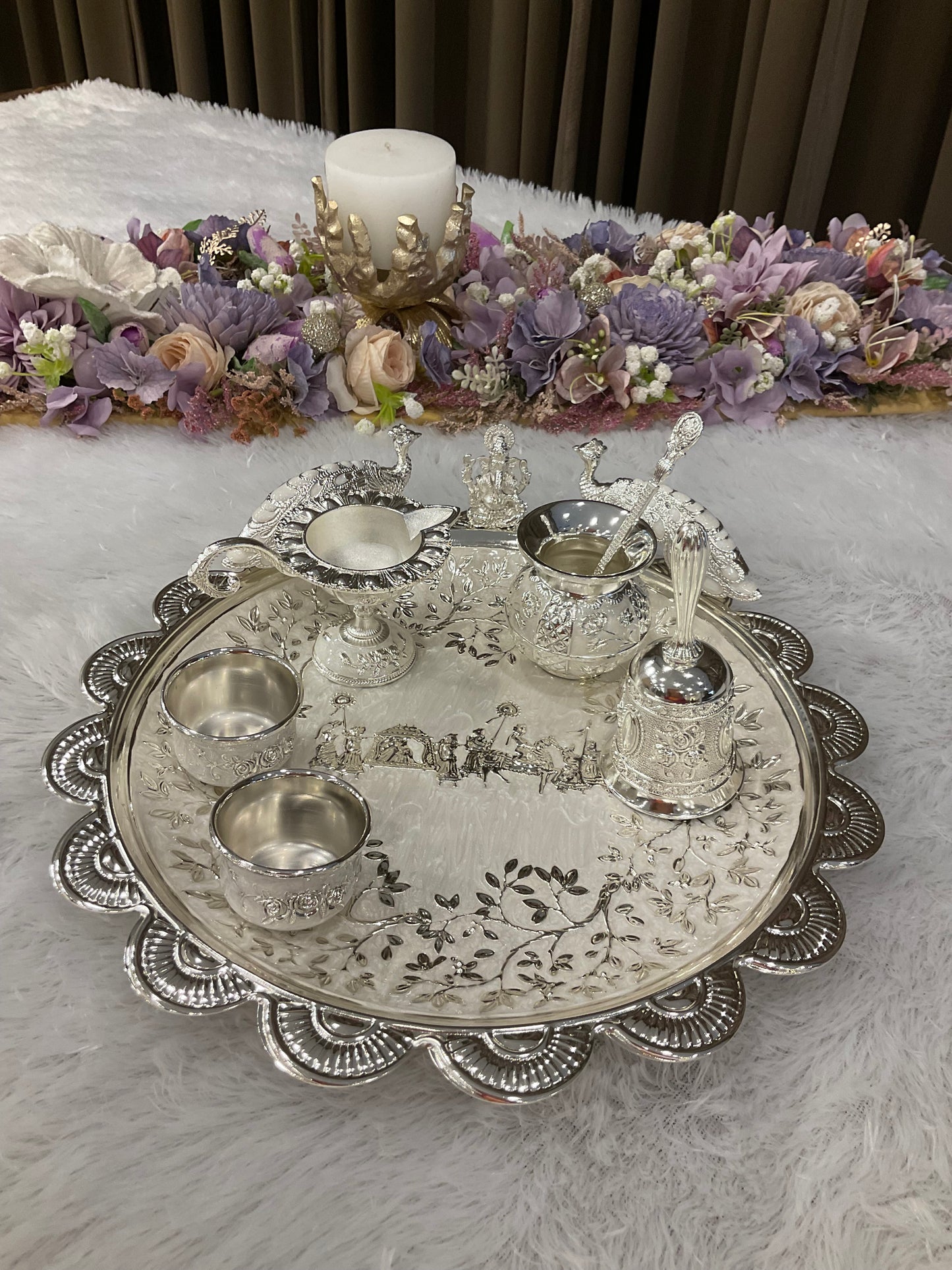 Imported Puja Thali Set with Ganpati & Peacock Motifs