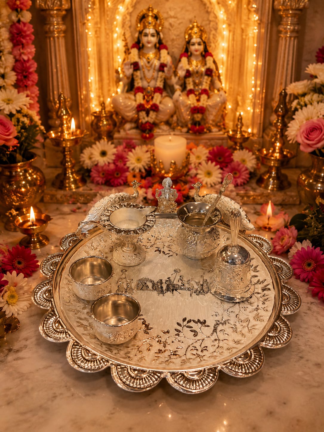 Imported Puja Thali Set with Ganpati & Peacock Motifs