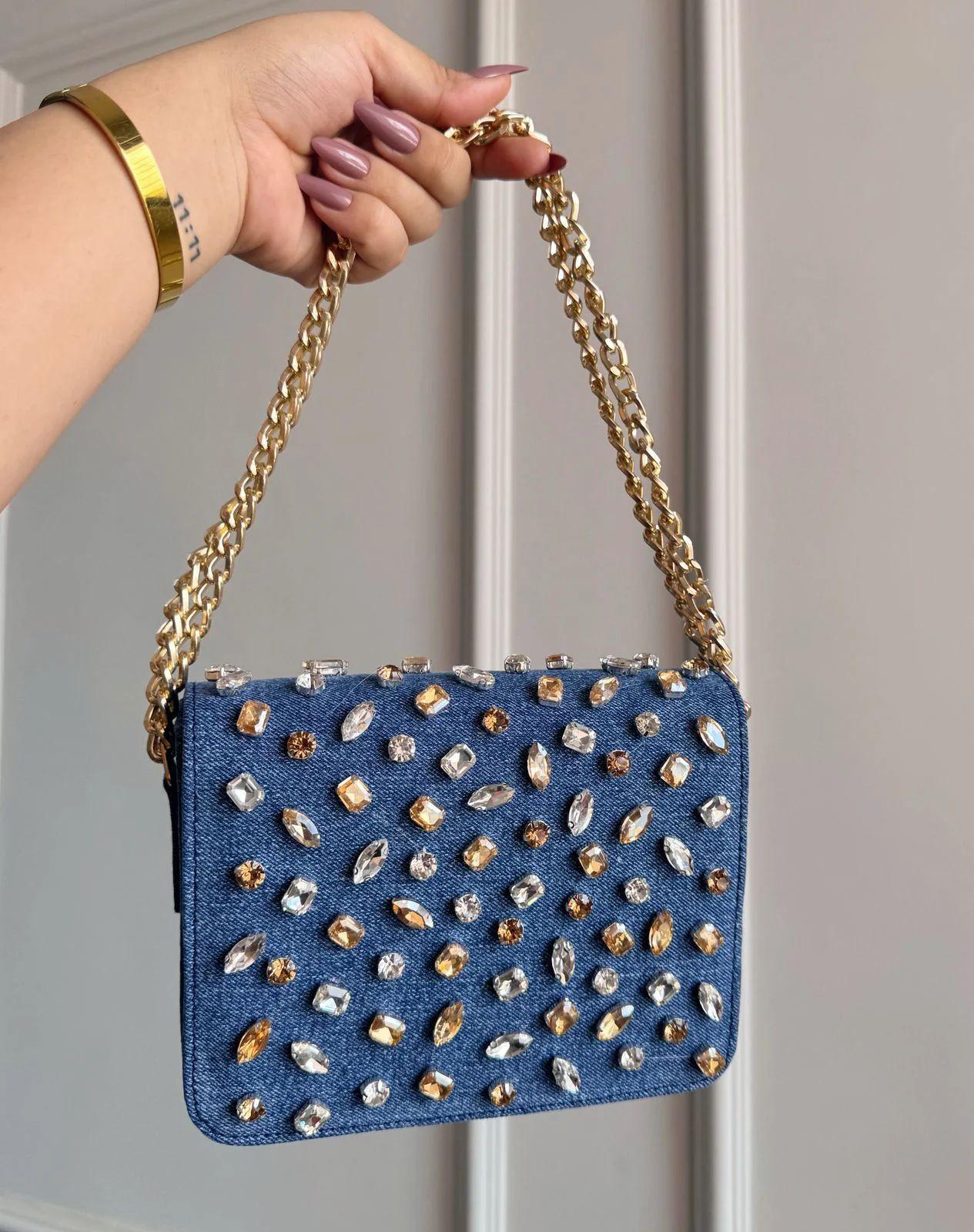 CRYSTAL DENIM FLAP BAGS