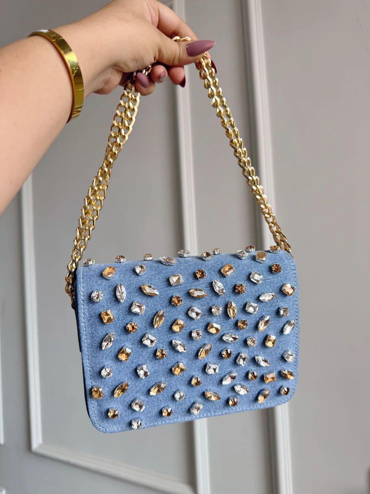 CRYSTAL DENIM FLAP BAGS