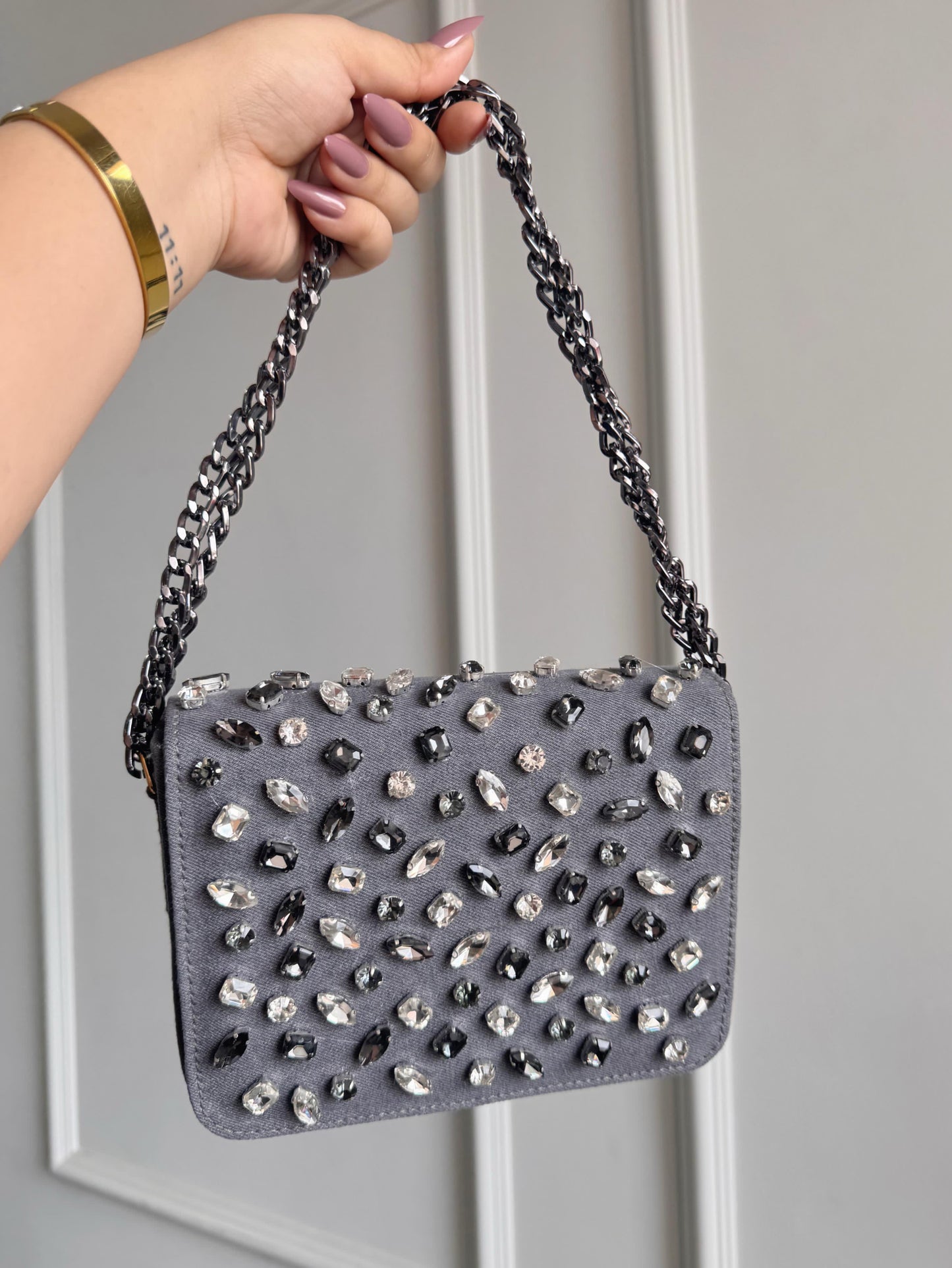 CRYSTAL DENIM FLAP BAGS