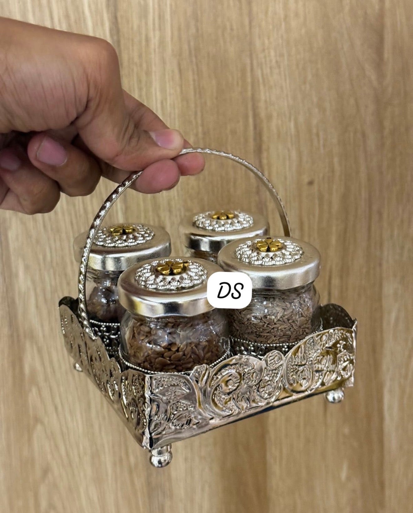 German Silver Mini Mukhwas Set with 4 Glass Bottles