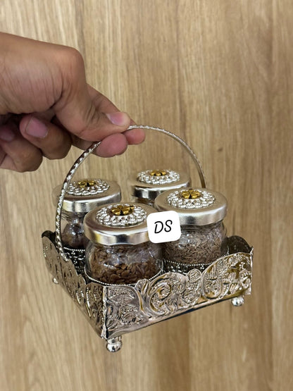 German Silver Mini Mukhwas Set with 4 Glass Bottles