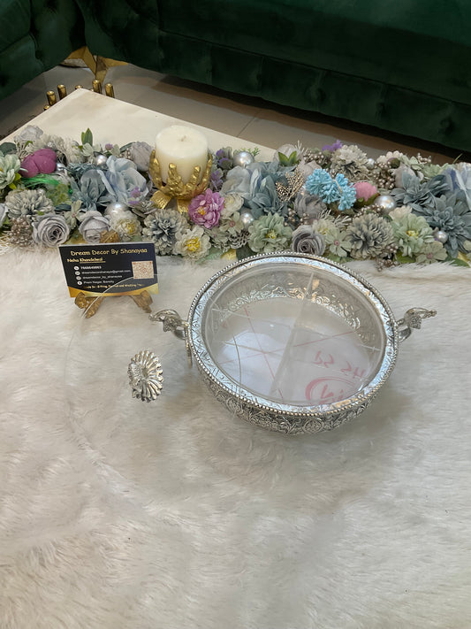 German Silver Hand-Engraved Urli / Dry Fruit Box with Acrylic Lid