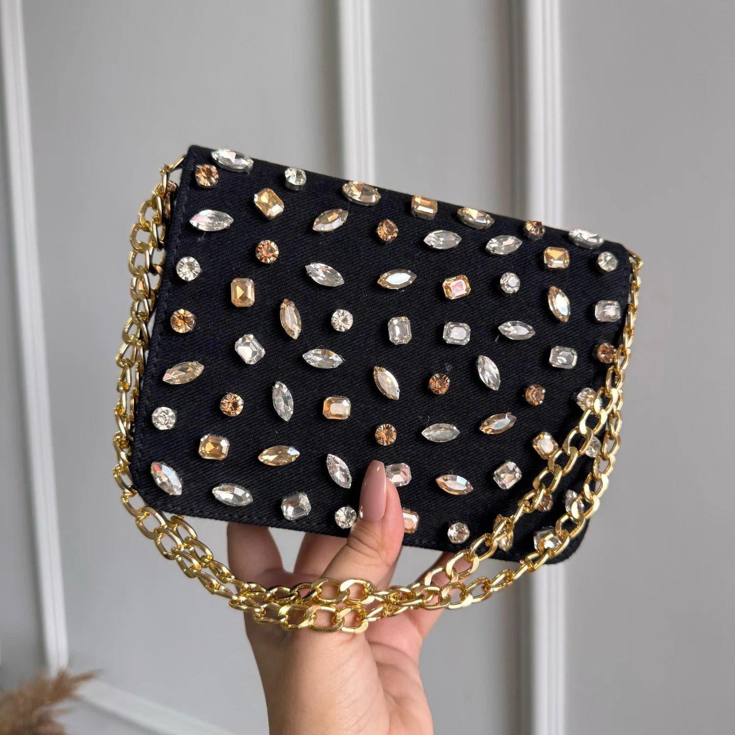 CRYSTAL DENIM FLAP BAGS