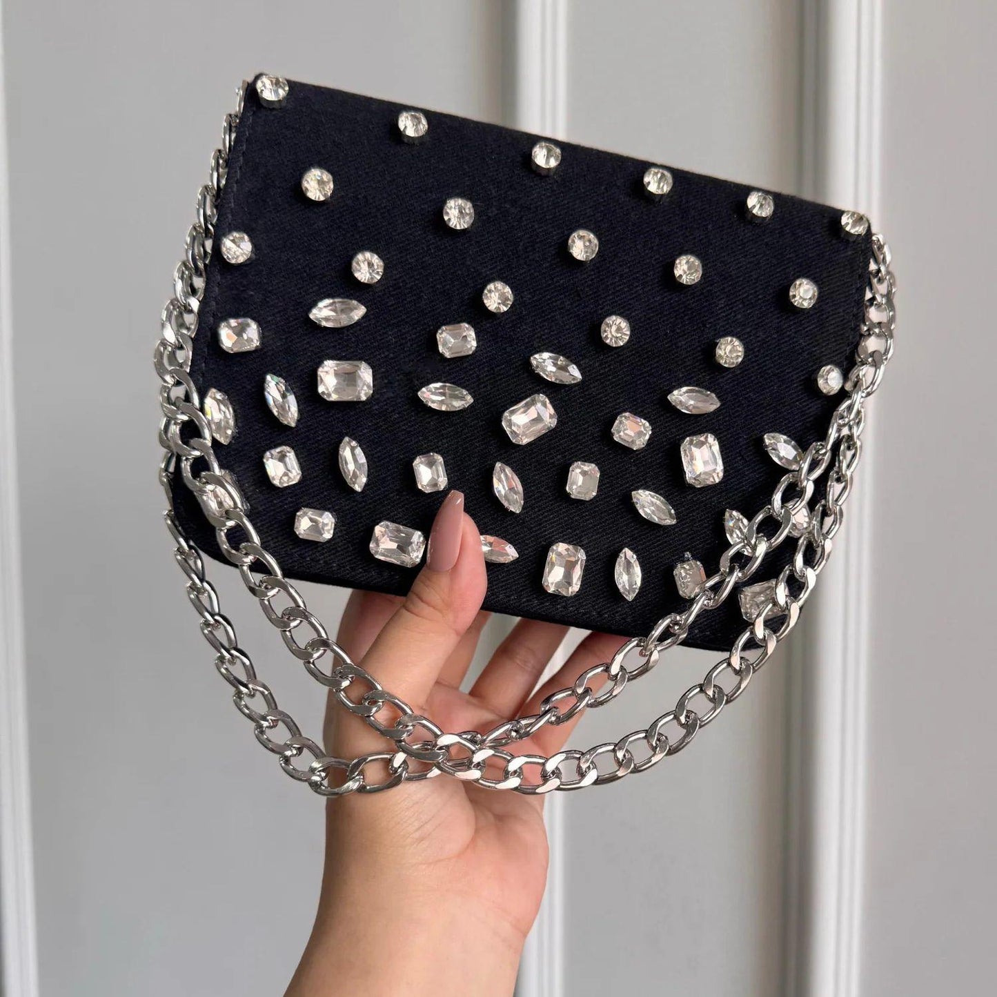 CRYSTAL DENIM FLAP BAGS