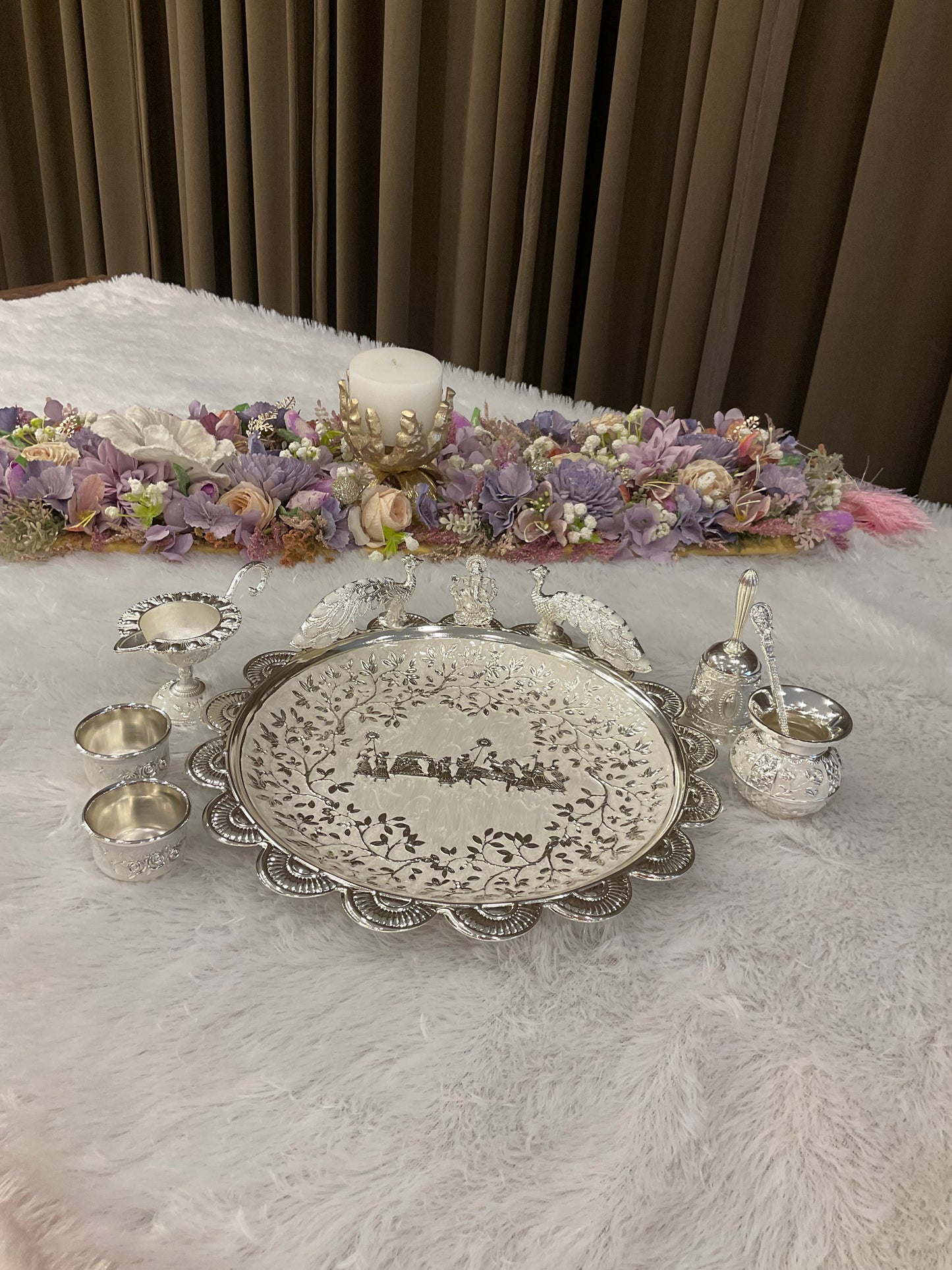 Imported Puja Thali Set with Ganpati & Peacock Motifs