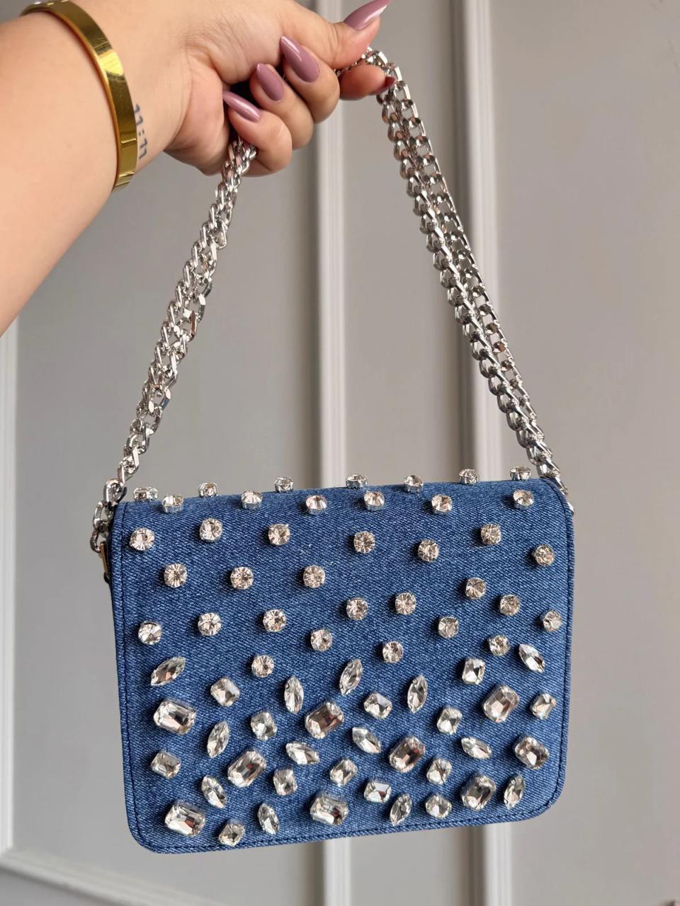 CRYSTAL DENIM FLAP BAGS