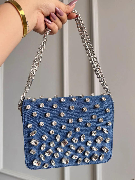 CRYSTAL DENIM FLAP BAGS