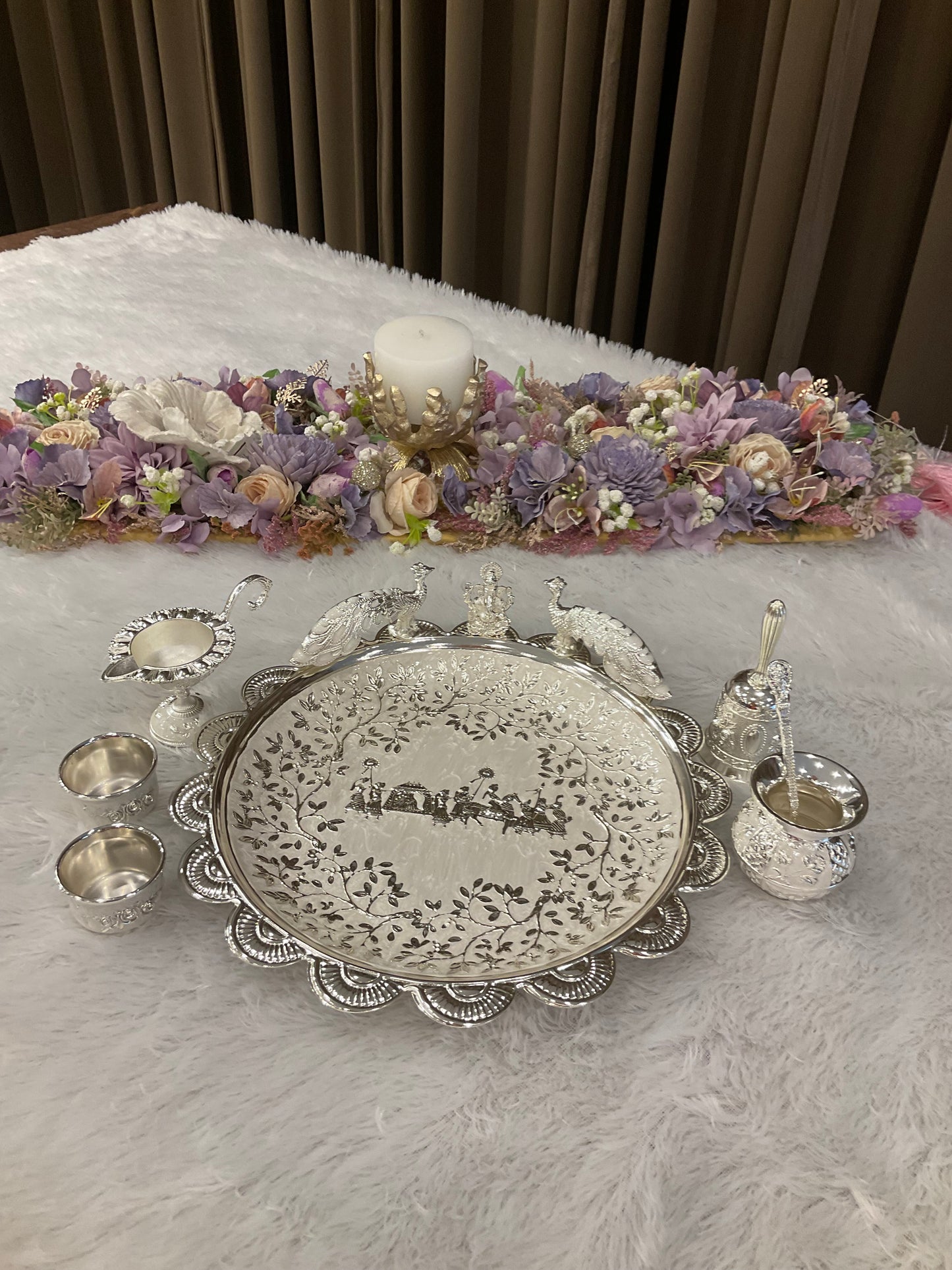 Imported Puja Thali Set with Ganpati & Peacock Motifs