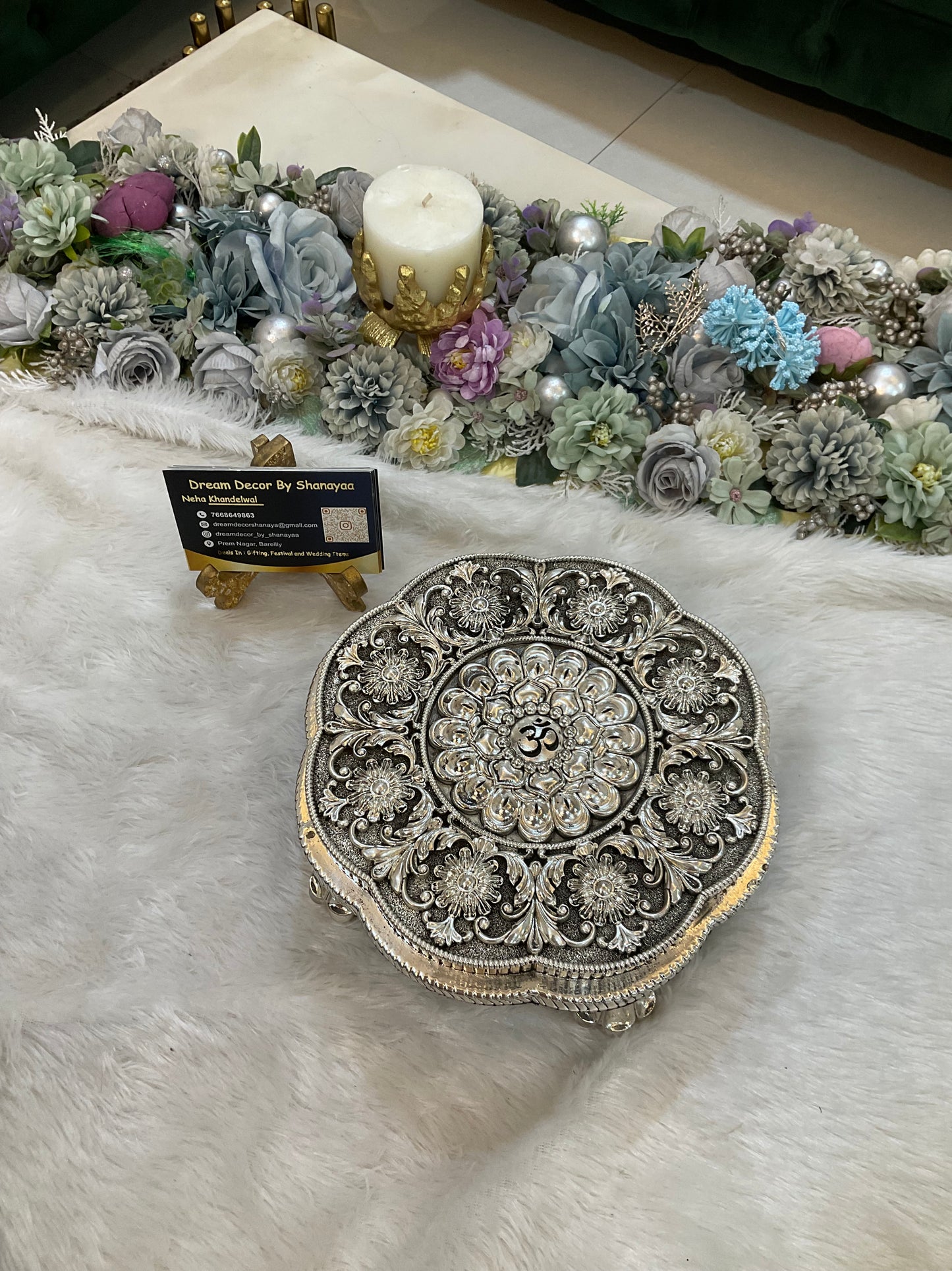 999 Silver Plated Round Chowki with OM Engraving