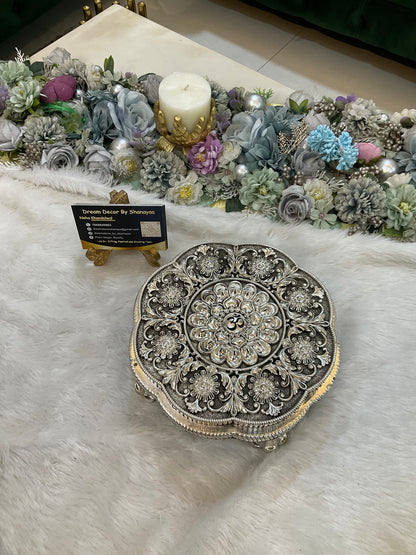 999 Silver Plated Round Chowki with OM Engraving