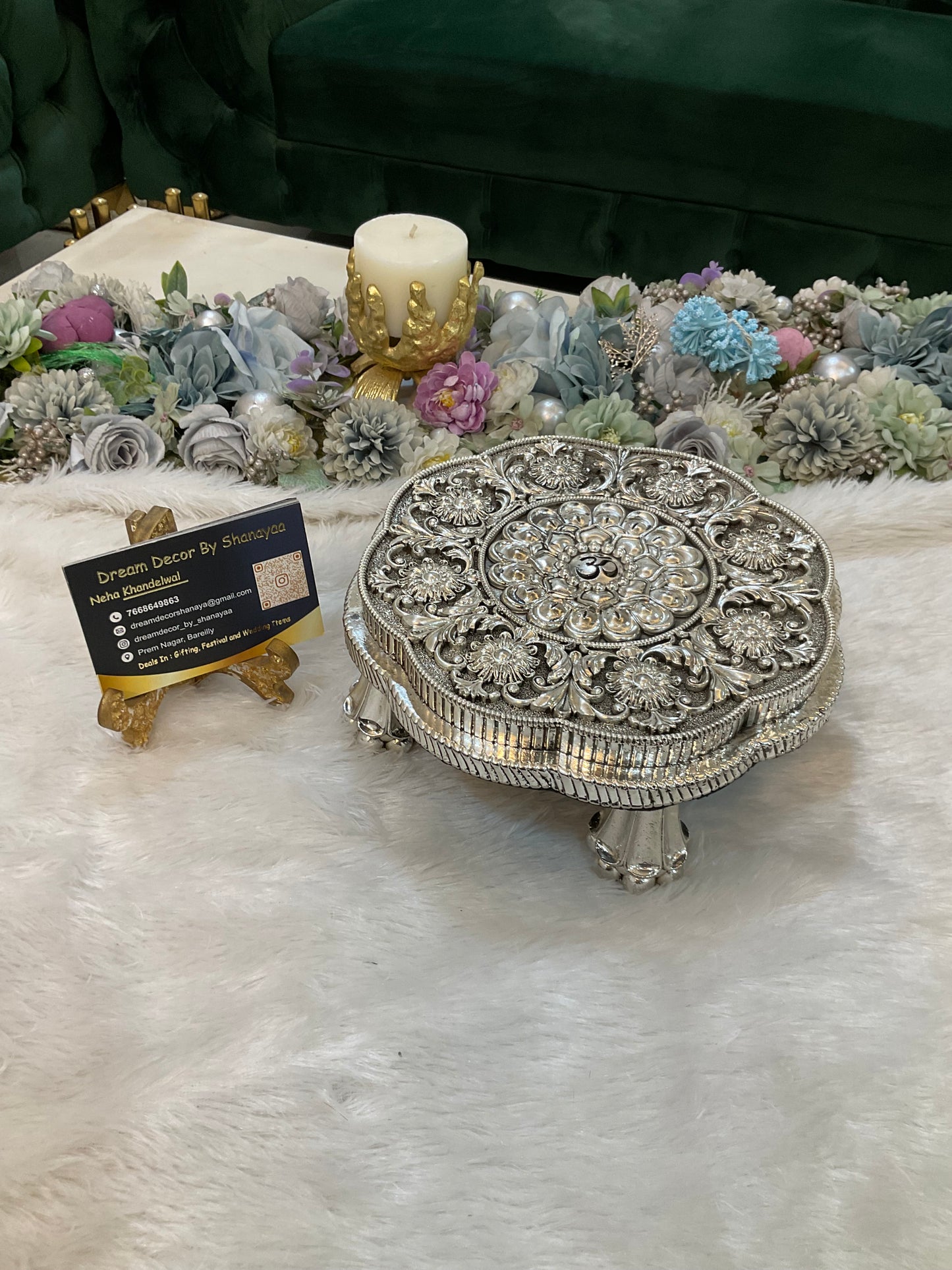 999 Silver Plated Round Chowki with OM Engraving