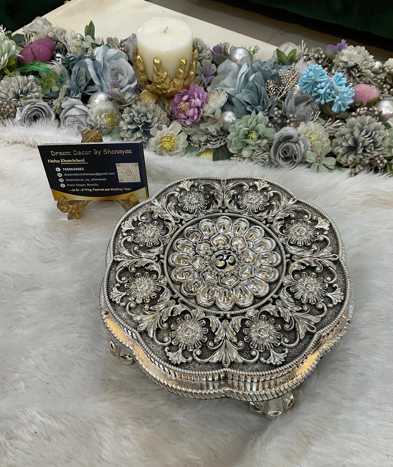 999 Silver Plated Round Chowki with OM Engraving