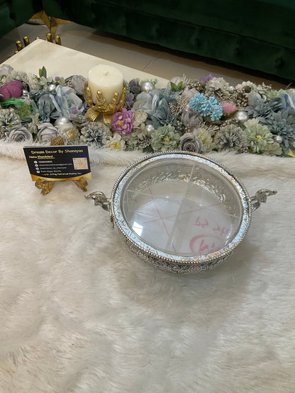 German Silver Hand-Engraved Urli / Dry Fruit Box with Acrylic Lid