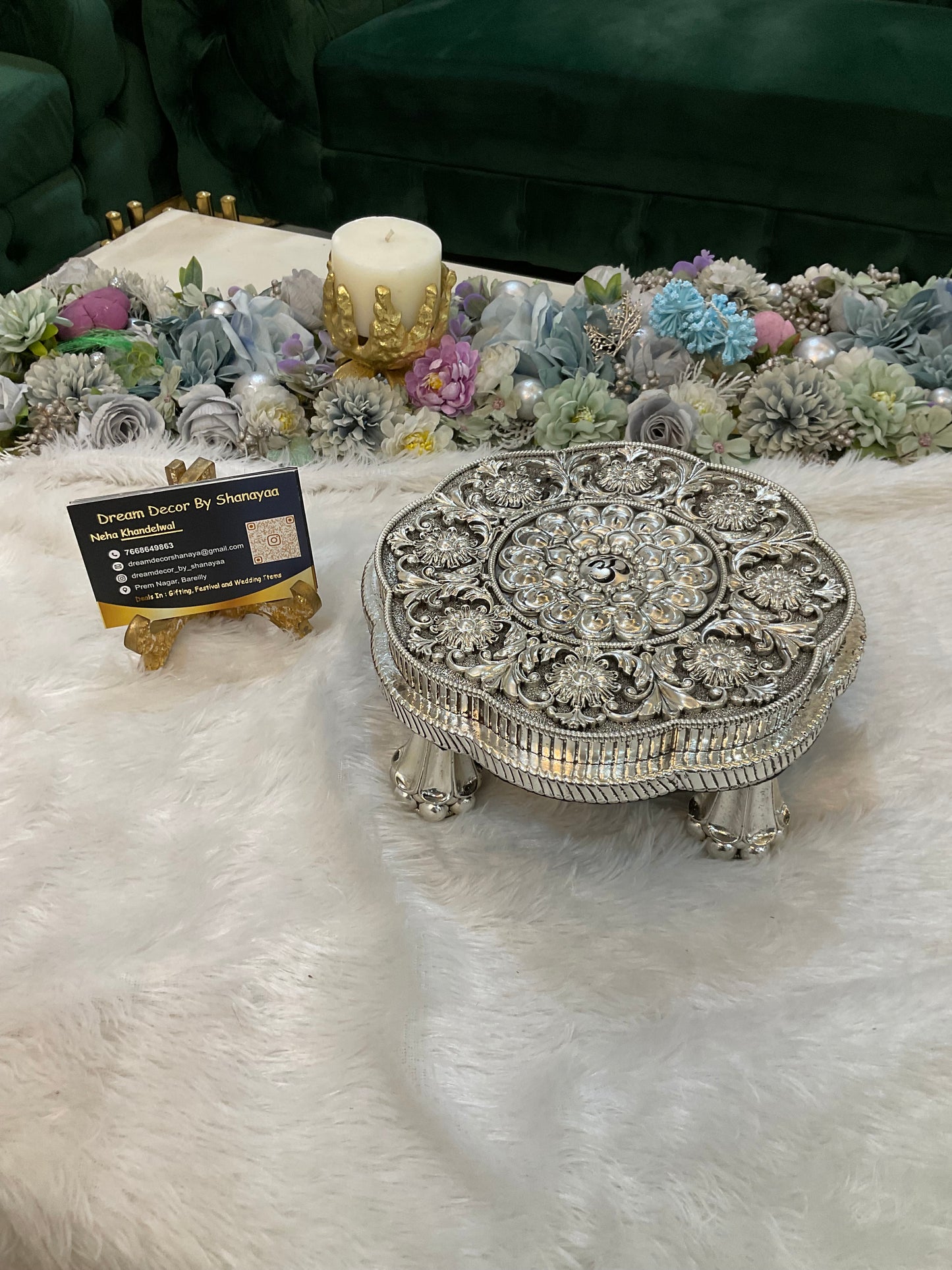 999 Silver Plated Round Chowki with OM Engraving