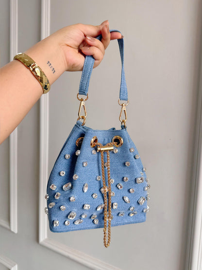 CRYSTAL DENIM BUCKET BAG