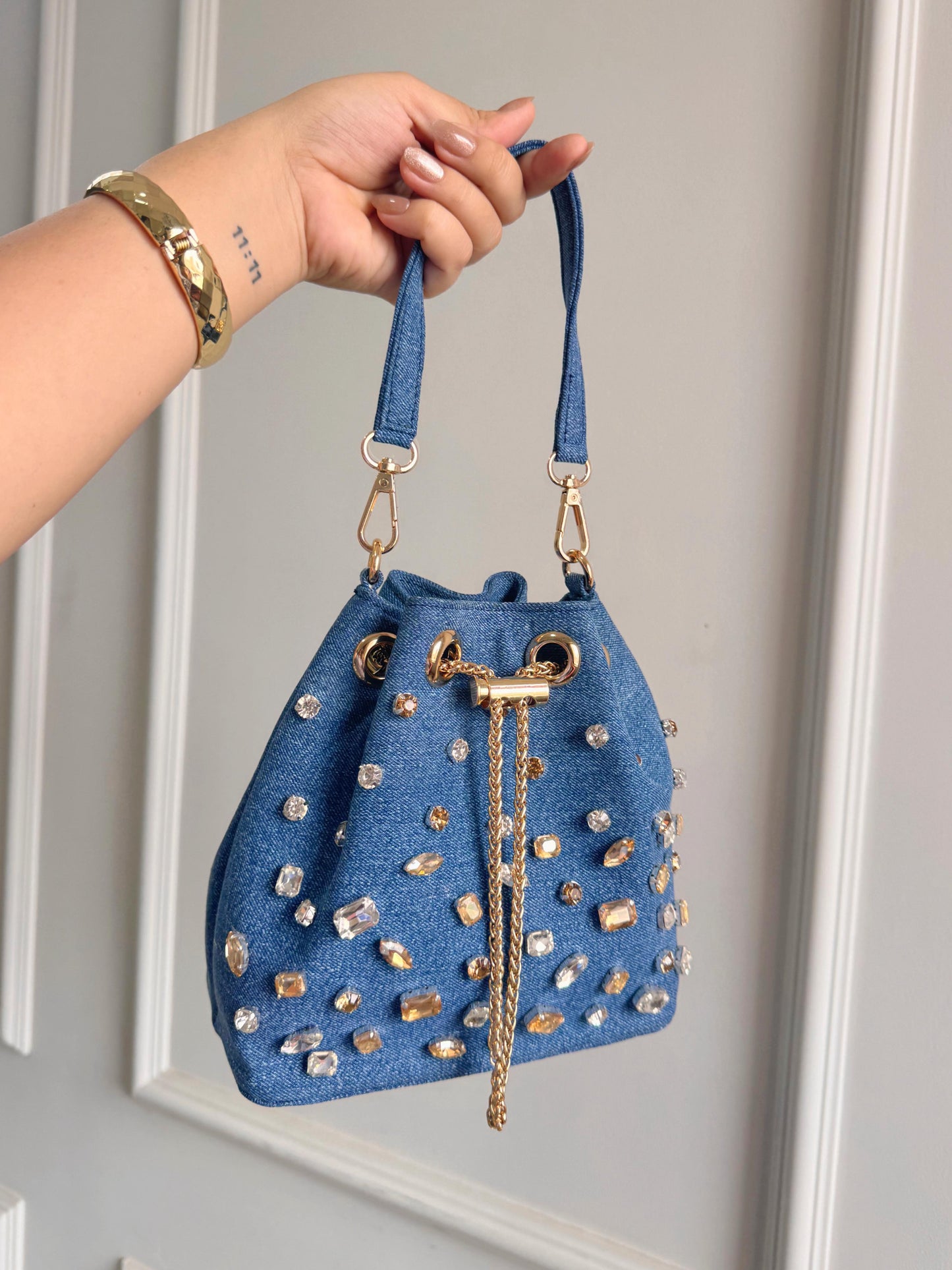 CRYSTAL DENIM BUCKET BAG