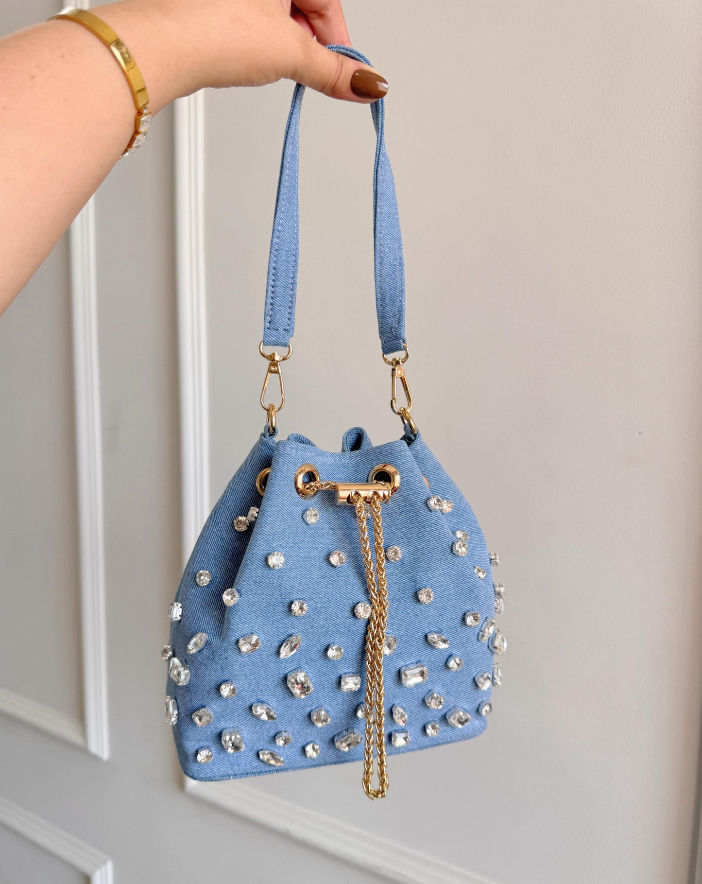 CRYSTAL DENIM BUCKET BAG
