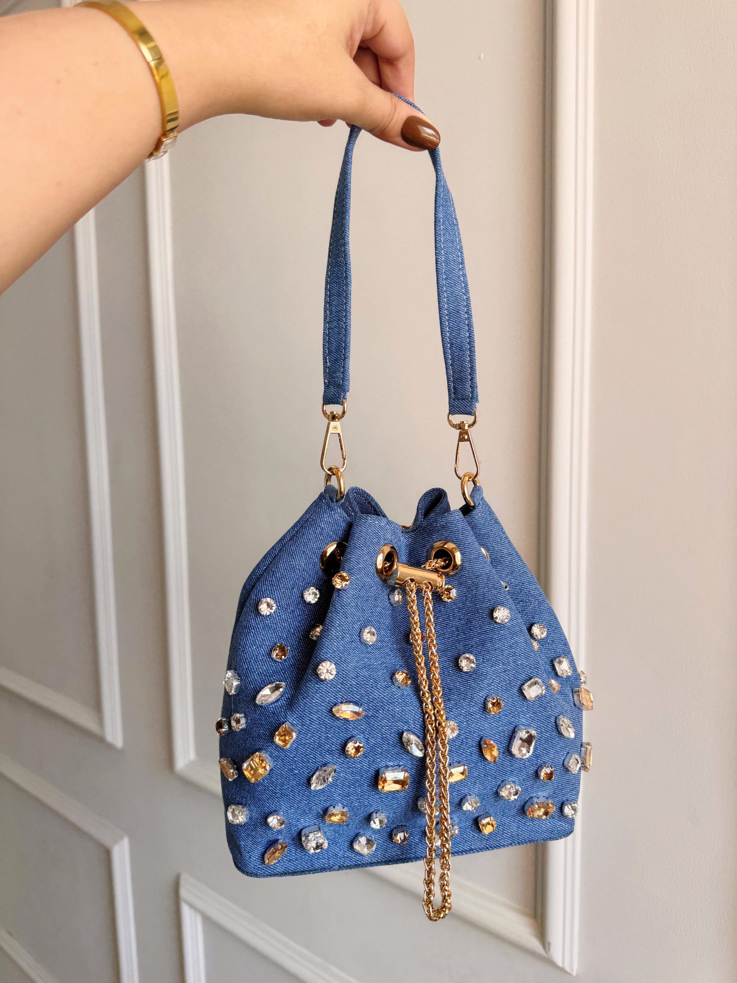 CRYSTAL DENIM BUCKET BAG