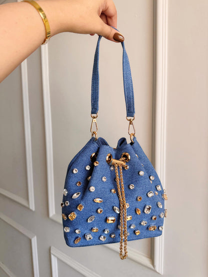 CRYSTAL DENIM BUCKET BAG
