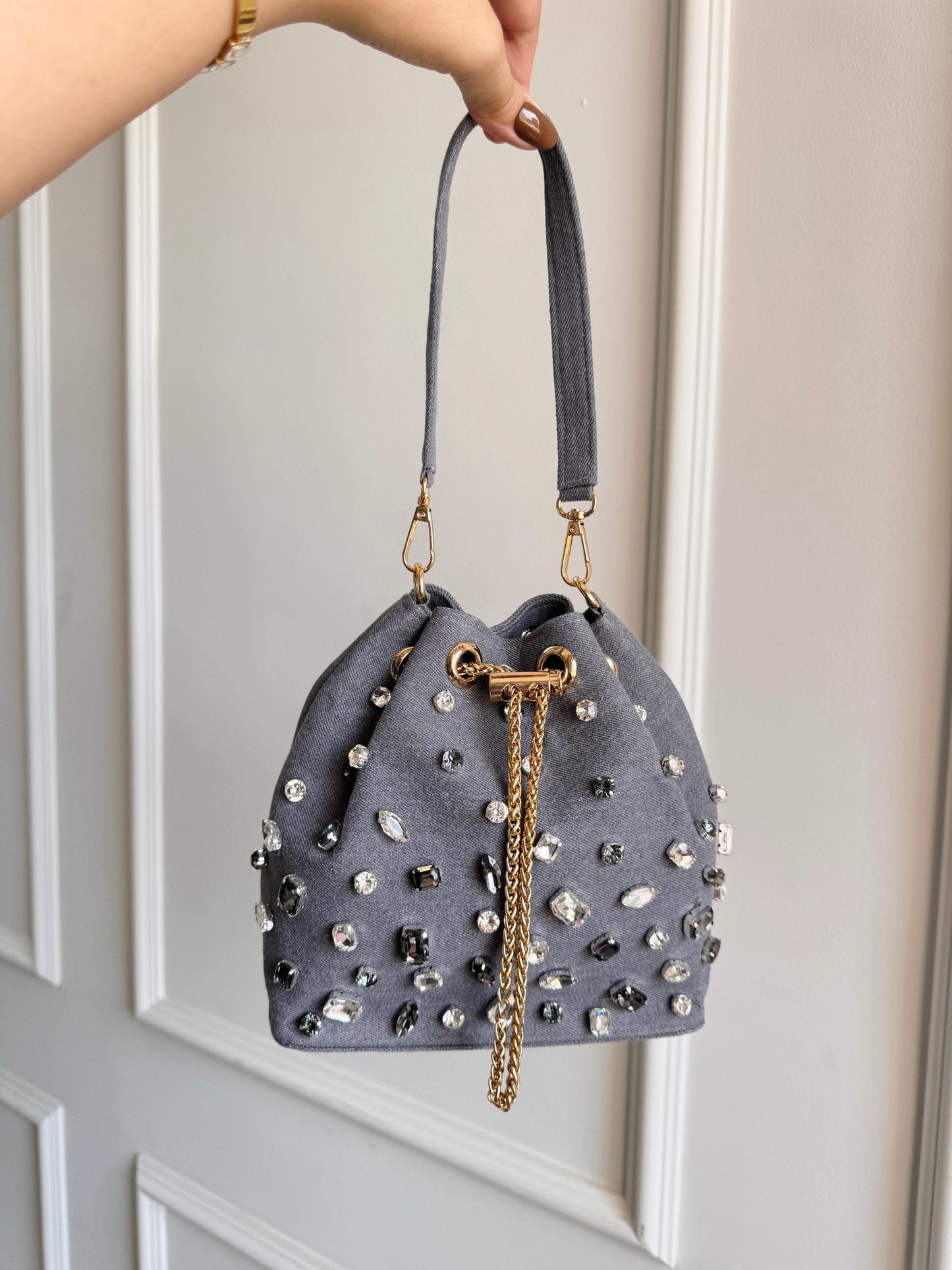 CRYSTAL DENIM BUCKET BAG