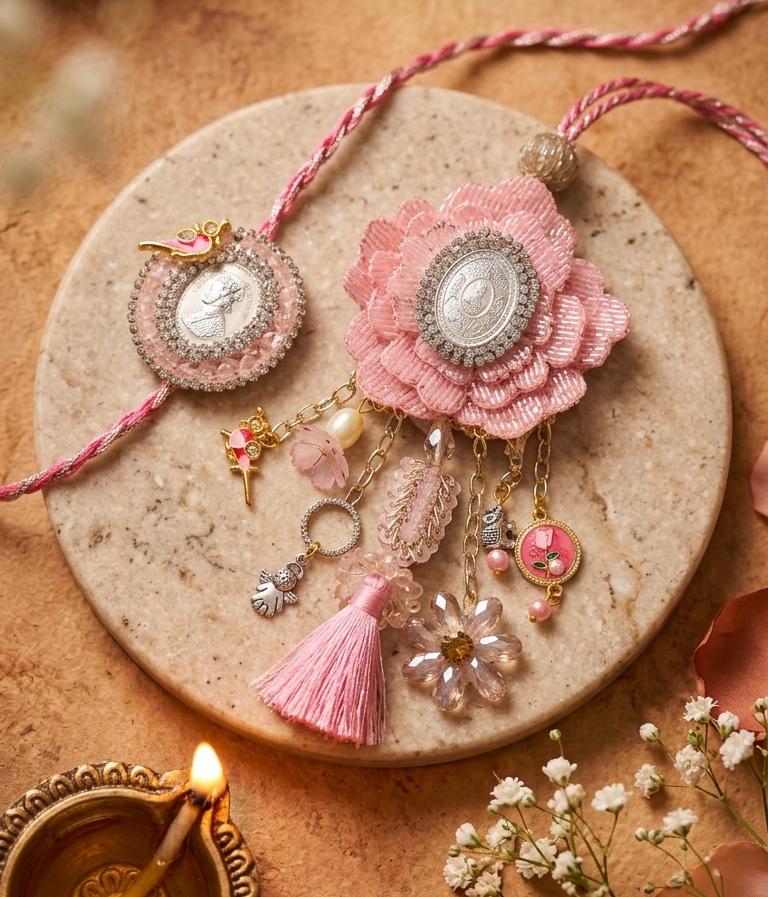 Pink Silver Coin Rakhi and Lumba Set