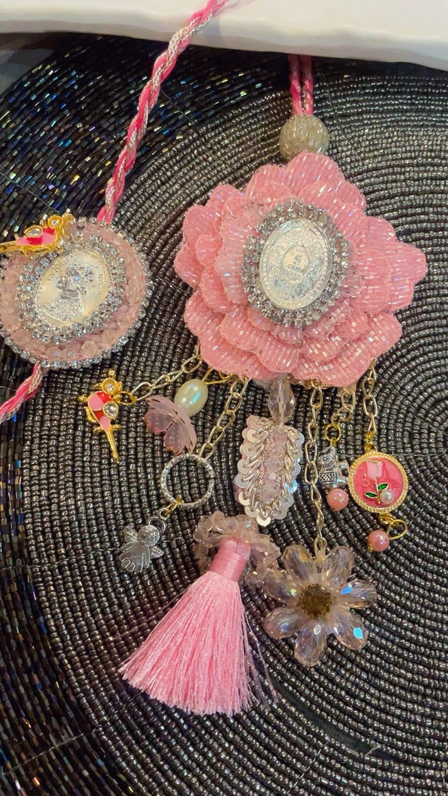 Pink Silver Coin Rakhi and Lumba Set