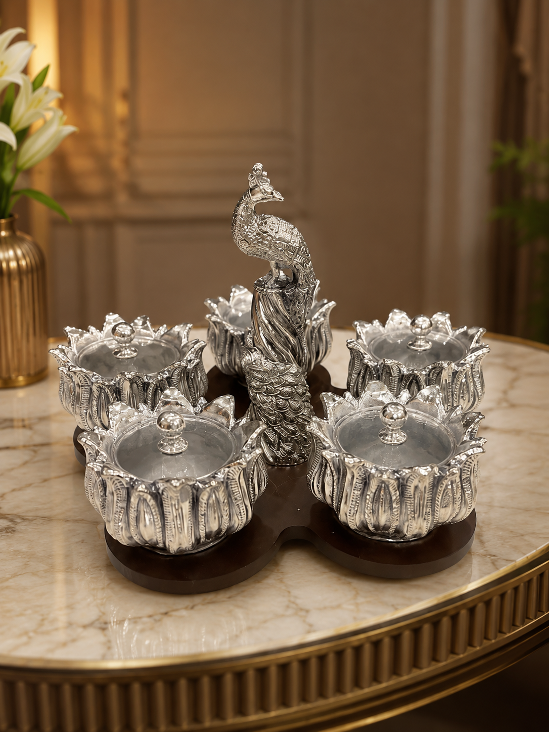Real Silver Plated Revolving Lotus Dry Fruit Platter