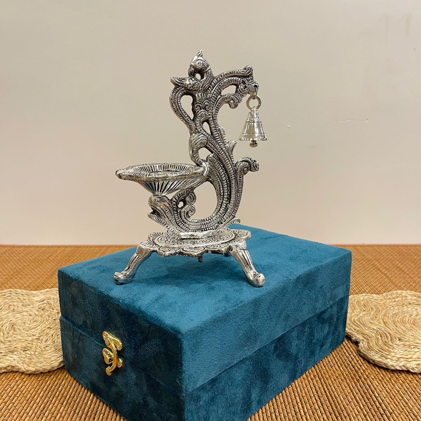 GS107 - Silver Plated Peacock Shape Diya with Hanging Bell