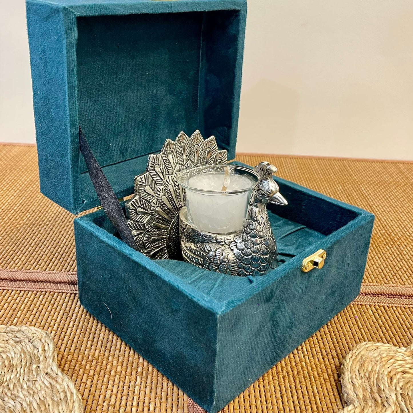 GS105 - Silver Plated Peacock with Glass Tealight Candle Holder