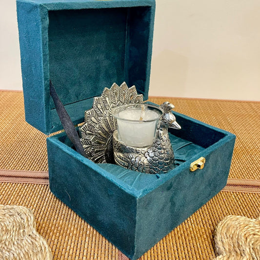 GS105 - Silver Plated Peacock with Glass Tealight Candle Holder