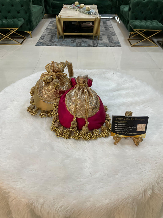 DP121 -  Satin JHUMKA Potli with Gota Patch – 10 x 9 inches