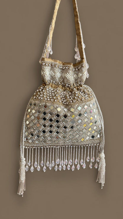 DP119 - Mirror & Pearl Embellished Potli Bag (Double Side Work)