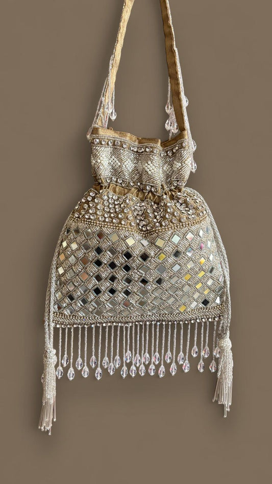 DP119 - Mirror & Pearl Embellished Potli Bag (Double Side Work)