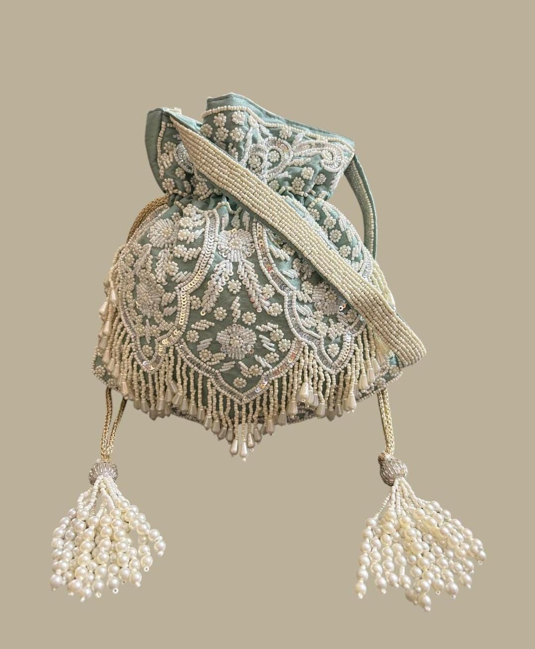 DP117 - Yellow Pearl Embroidered Potli Bag