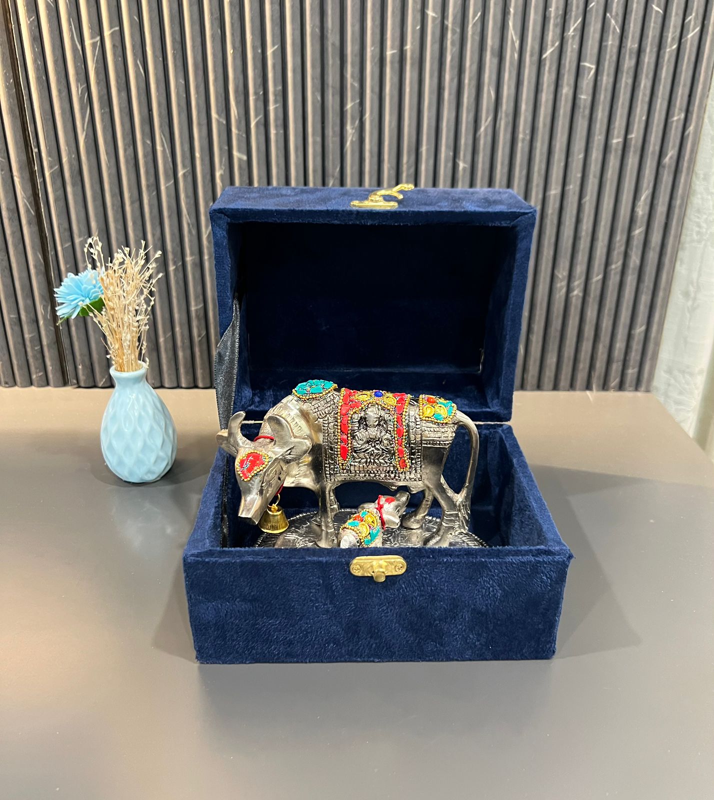 German Silver Kamdhenu Cow with Lakshmi Ganesh Carving