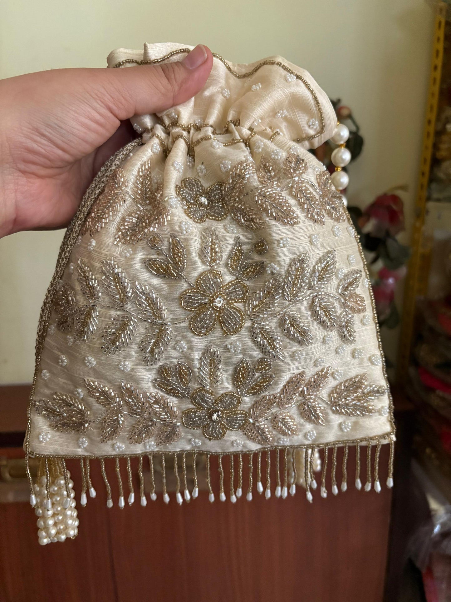 DP102 - Handcrafted Floral Potli Bag – Pearl &amp; Bead Work