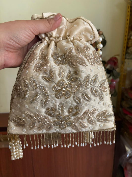 DP102 - Handcrafted Floral Potli Bag – Pearl &amp; Bead Work