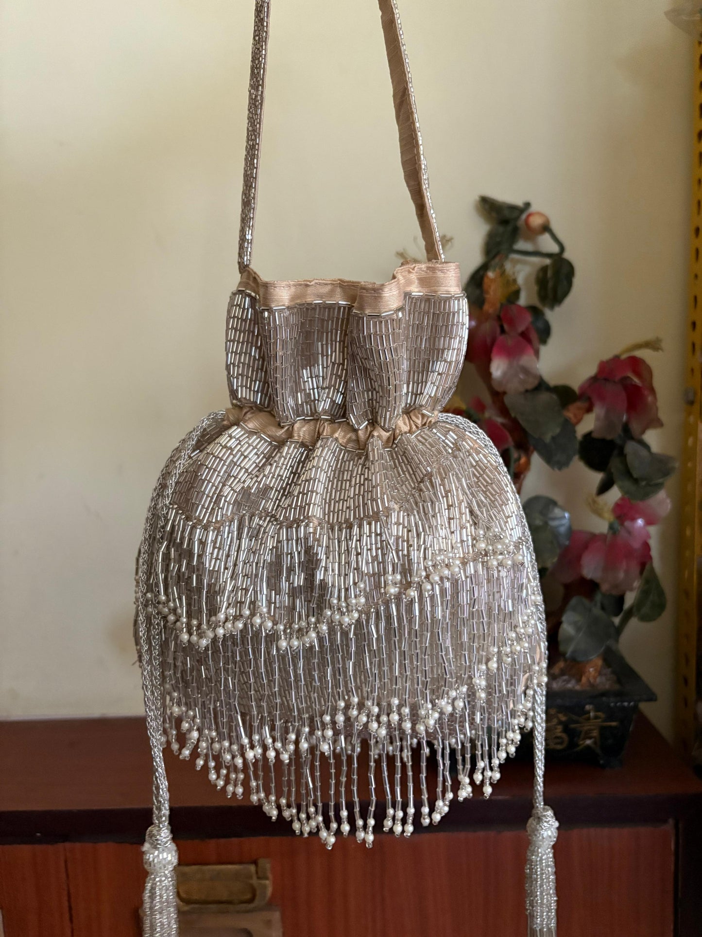 DP101 - Fully Hand-Embroidered Silver Fringe Potli